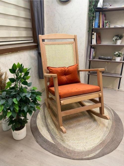 Veranda Naturel Turuncu Minderli Hasırlı Sallanan Sandalye Hazeranlı Dinlenme Koltuğu