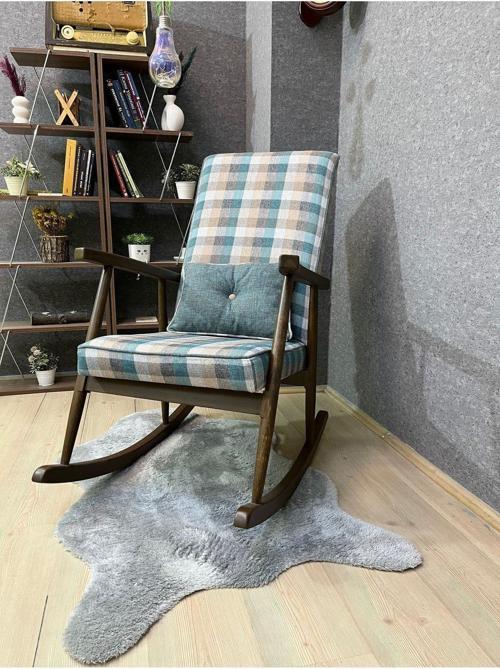 Trend Ceviz Ekose Mavi Sallanan Sandalye Dinlenme Emzirme Baba Tv Okuma Koltuğu Berjer