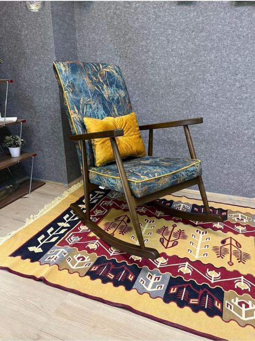 Trend Ceviz Mavi Desen Sallanan Sandalye Dinlenme Emzirme Baba Tv Okuma Koltuğu Berjer