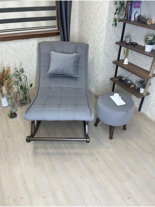 Miskin Ceviz Kül Gri Ahşap Ayak Uzatma Puf Makyaj Koltuğu Tabure