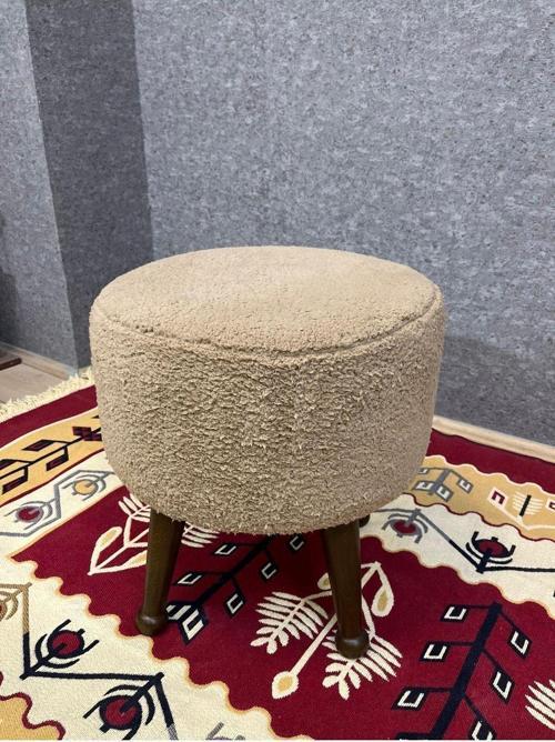 Miskin Ceviz Teddy Kahve Ahşap Ayaklı Peluş Puf Makyaj Koltuğu Yuvarlak Tabure