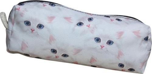 Beyaz Kedi Desenli Tatlı Kalemlik - Okul Kalemliği-Makyaj Çantası