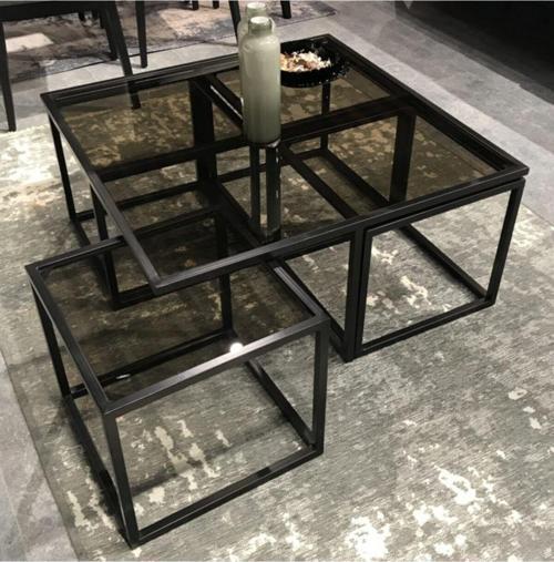 Kante Metal Siyah Fırın Boyalı Şeffaf Bronz Cam Orta Sehpa 4 1 99x98 cm