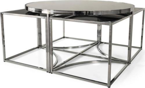 Sosa Metal Crom Füme Aynalı Yuvarlak Orta Sehpa 4+1 92x92 cm