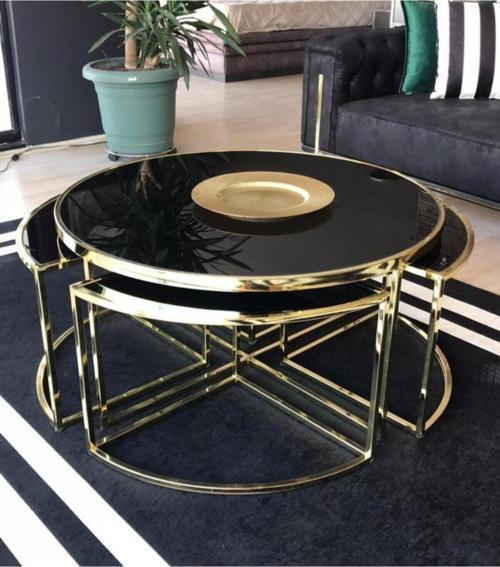 Sosa Metal Gold Kaplama Siyah Camlı Yuvarlak Orta Sehpa 4+1 92x92 cm