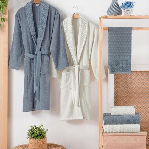 Home Rosinda Banyo Seti 6 Parça İndigo/Krem Bornoz Seti