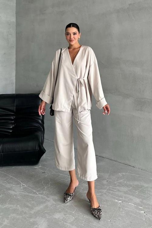 Taş Lisa Yan Bağlamalı Pantolon Takım-033