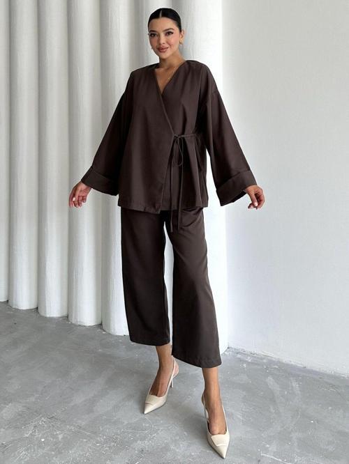 Kahve Lisa Yan Bağlamalı Pantolon Takım-033