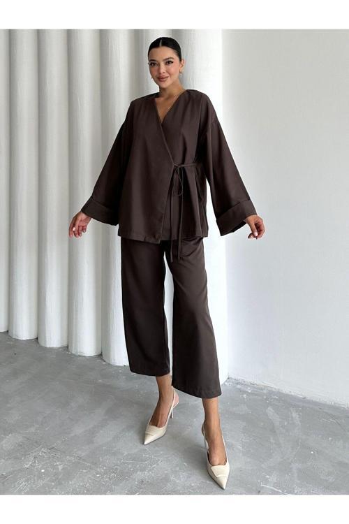 Kahve Lisa Yan Bağlamalı Pantolon Takım-033