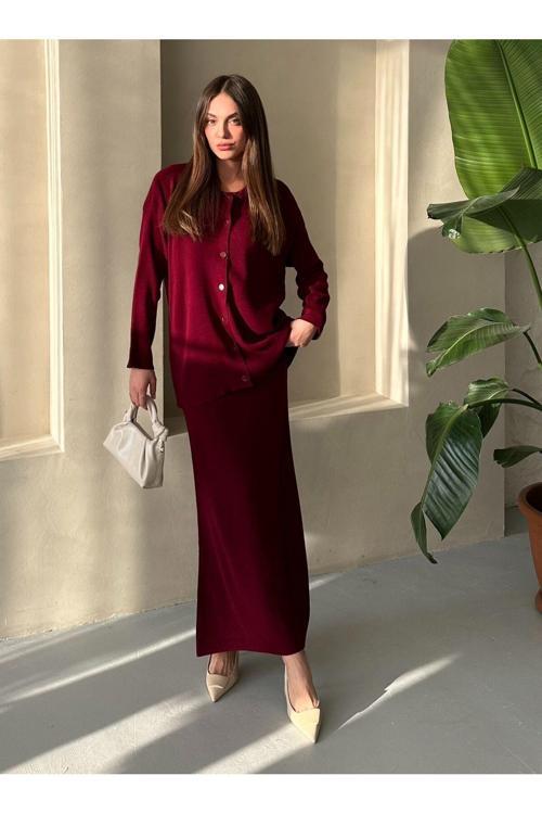 Bordo Polo Yaka Etekli Triko Takım - 4661