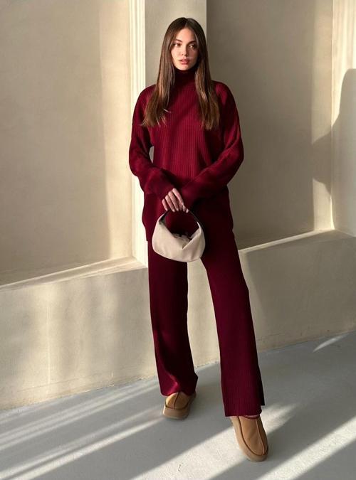 Bordo Fitilli Boğazlı Triko Takım - 4671