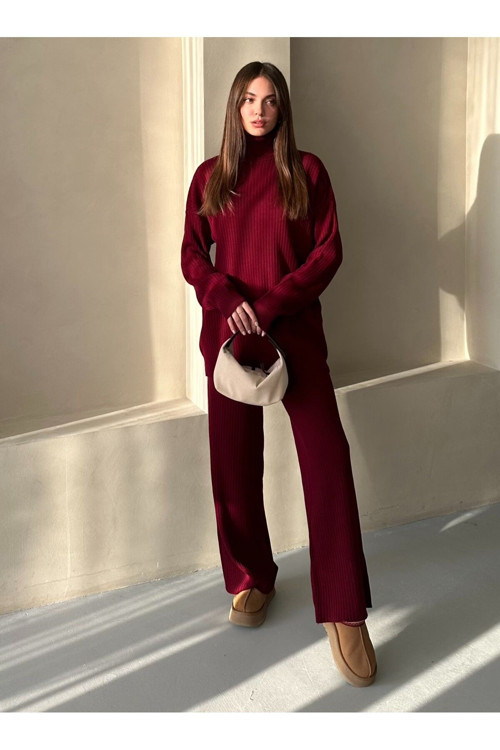 Bordo Fitilli Boğazlı Triko Takım - 4671