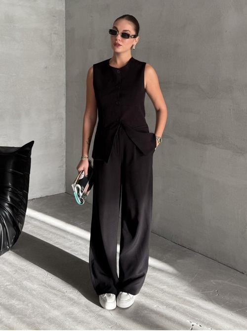 Siyah Camille Klasik Düğmeli Yelek Pantolon - 8449