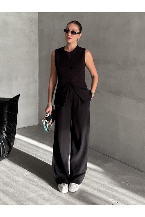 Siyah Camille Klasik Düğmeli Yelek Pantolon - 8449