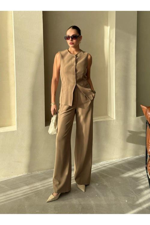 Haki Camille Klasik Düğmeli Yelek Pantolon - 8449