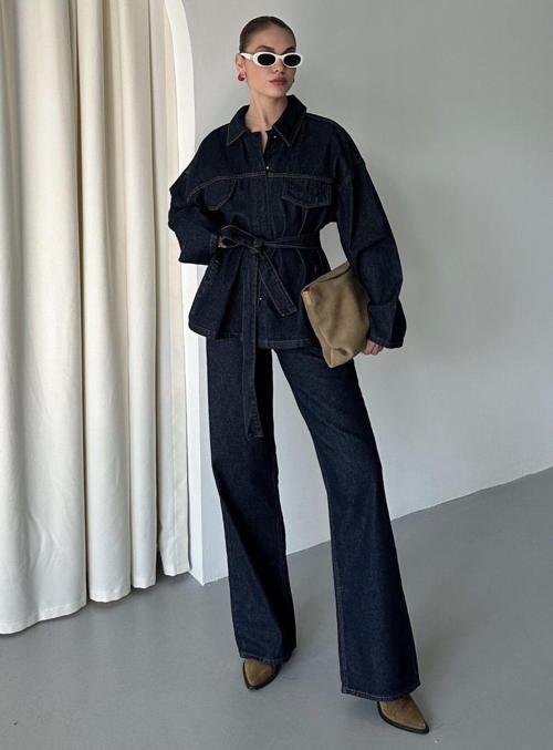 Lacivert Bağlamalı Denim Ceket Pantolon Takım-240274/275