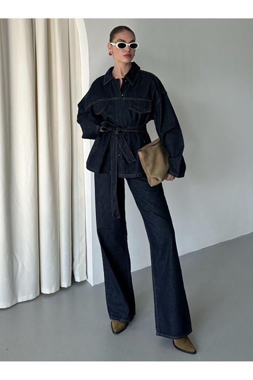 Lacivert Bağlamalı Denim Ceket Pantolon Takım-240274/275