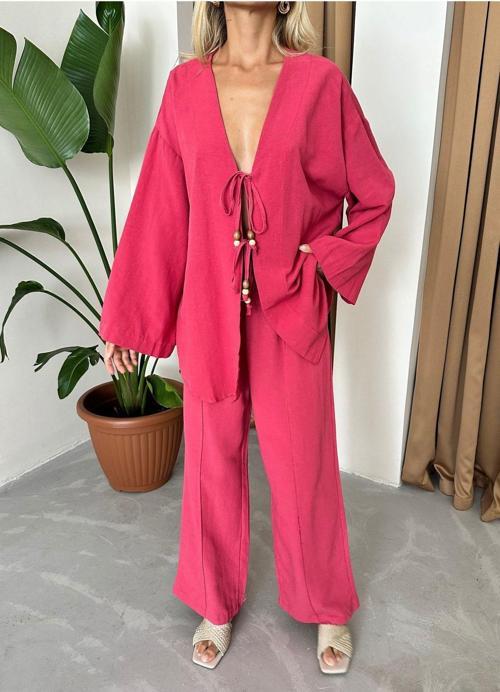 Vişne Boncuklu Kimono Keten Takım