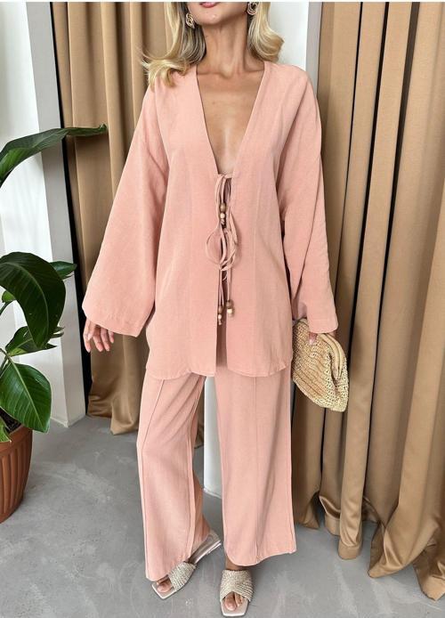 Somon Boncuklu Kimono Keten Takım