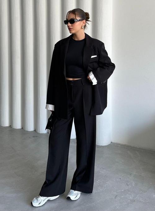 Siyah Gömlek Detaylı Blazer Ceket Pantolon Takım - 44681