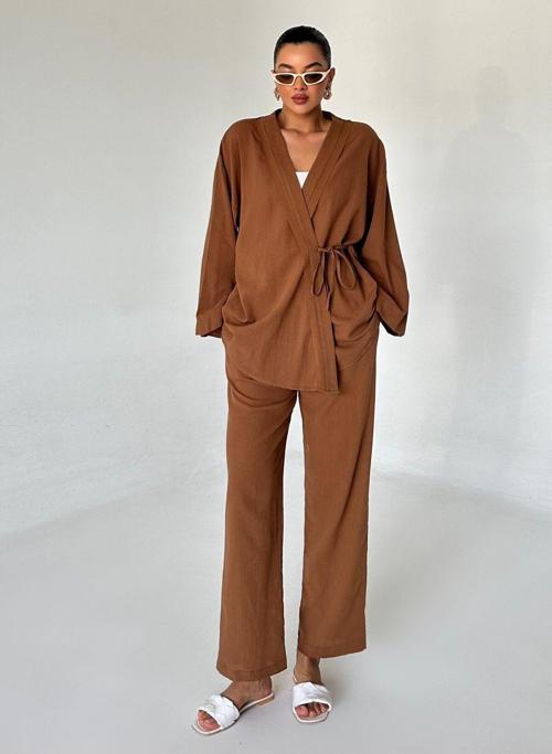 Kahve Detaylı Yan Bağlamalı Keten Kumaş Kimono Takım