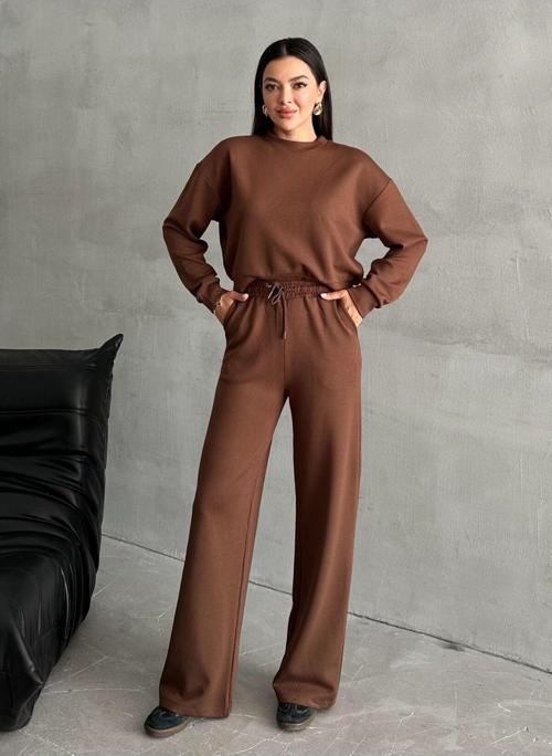 Kahve Sweat Geniş Paçalı Pantolon Takım