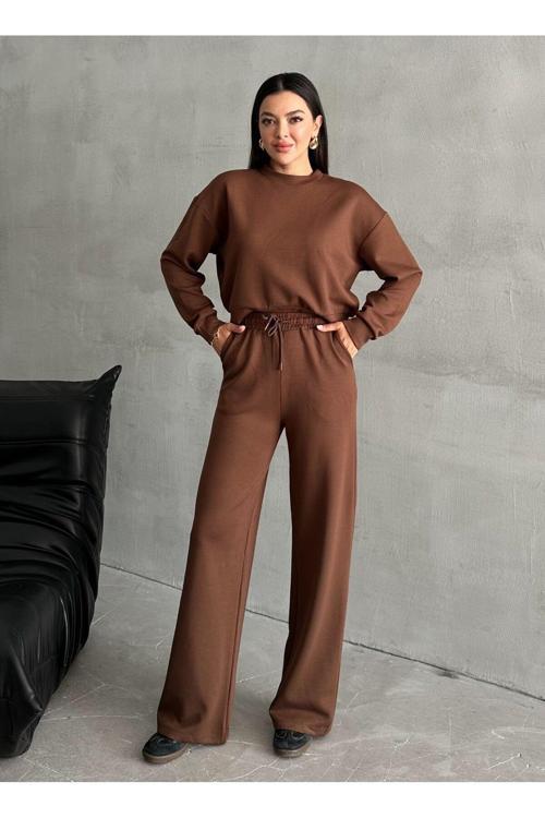 Kahve Sweat Geniş Paçalı Pantolon Takım
