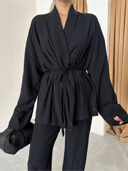Siyah Şal Yaka Kimono Pantolon Takım