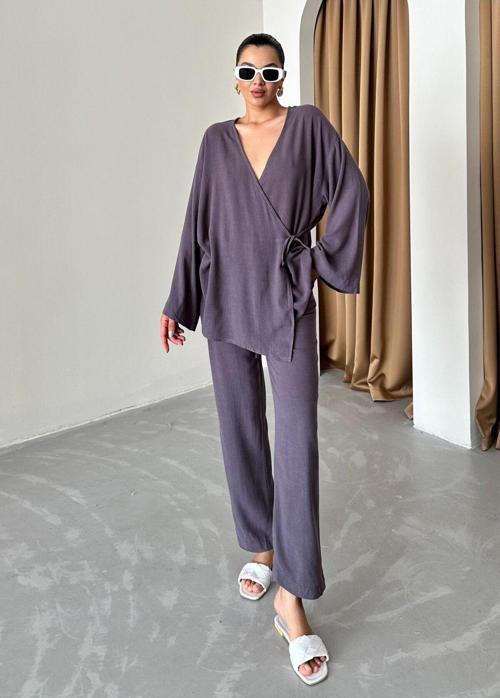 Antrasit Kruvaze Pamuklu Kimono Pantolon Takım