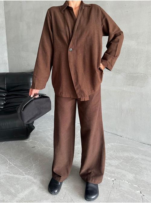 Kahve %100 Pamuk Kruvaze Kapama Tek Düğmeli Kimono Pantolon Takım