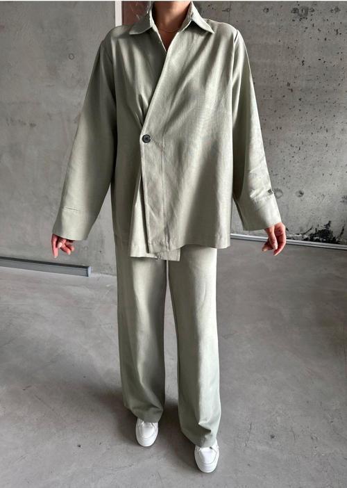 Haki %100 Pamuk Kruvaze Kapama Tek Düğmeli Kimono Pantolon Takım