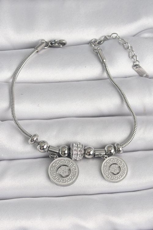 316L Çelik Gümüş Renk Tüp Zincir Madalyon Model Zirkon Taş Detaylı Kadın Bileklik - TJ-BB6654
