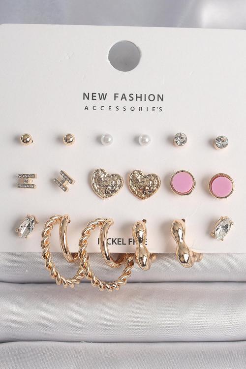 Pirinç Gold Renk Zirkon Taşlı Burug Halka Model İşlemeli Kalp Detay 9 Çift Kadın Küpe Seti - TJ-BKP1