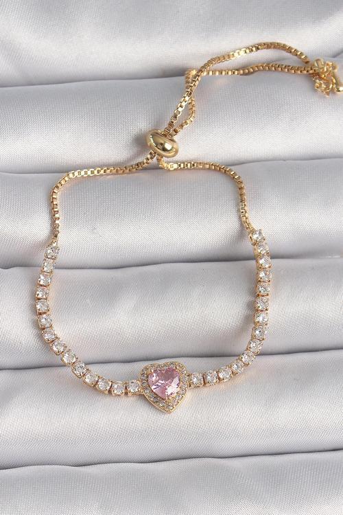 Pirinç Gold Renk Su Yolu Zirkon Taşlı Pembe Zirkon Taşlı Kalp Asansör Model Charm Kadın Bileklik - T