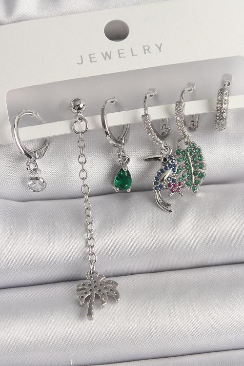 Pirinç Gümüş Renk Sallantı Zirkon Taşlı Ağaç Figür Çoklu Kadın Küpe Seti - TJ-BKP10119