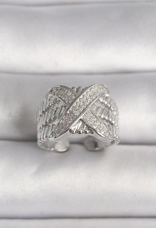 Pirinç Gümüş Renk Ayarlanabilir Zirkon Taşlı X Model Kadın Yüzük - TJ-BYK3582