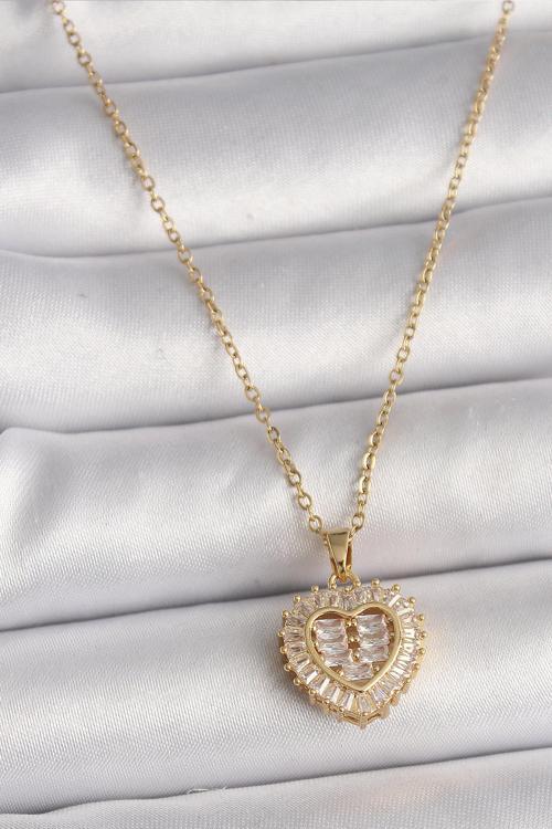 316L Çelik Gold Renk Zincir Zirkon Taşlı Kalp Model Kadın Kolye - TJ-BKO9786