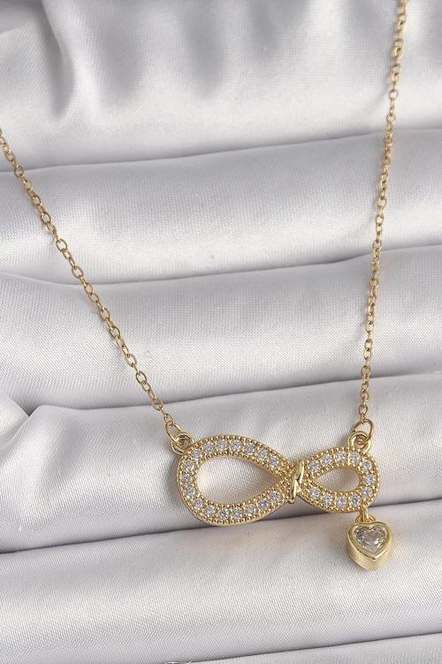 316L Çelik Gold Renk Zincir Zirkon Taşlı Sonsuzluk Model Sallantı Taşlı Kalp Detay Kadın Kolye - TJ-