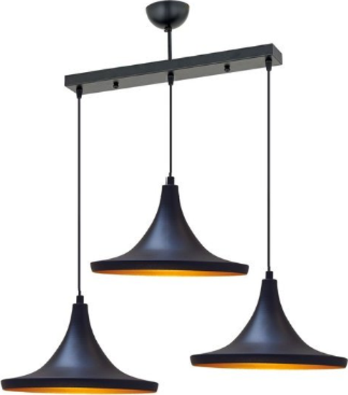 Retro Siyah Içi Sarı Metal Sarkıt Avize 3lü Sıralı Masa Üstü 60 Cm