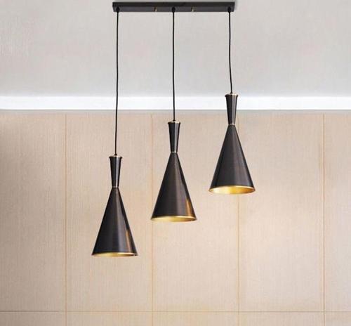 Masa Üstü Retro Siyah Içi Sarı Metal Sarkıt Avize 3lü 60 Cm