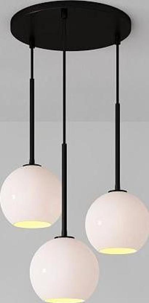 Metal Modern Siyah Yuvarlak 3 Lü Opal Camlı Avize