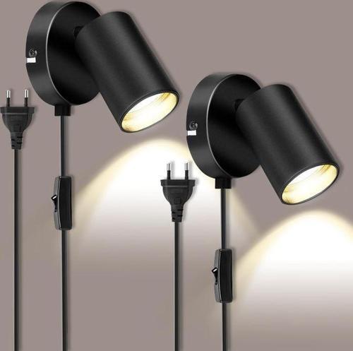 Metal Mafsallı Siyah Spot Armatür Aplik Kablolu Fişli Beyaz Led Ampullü