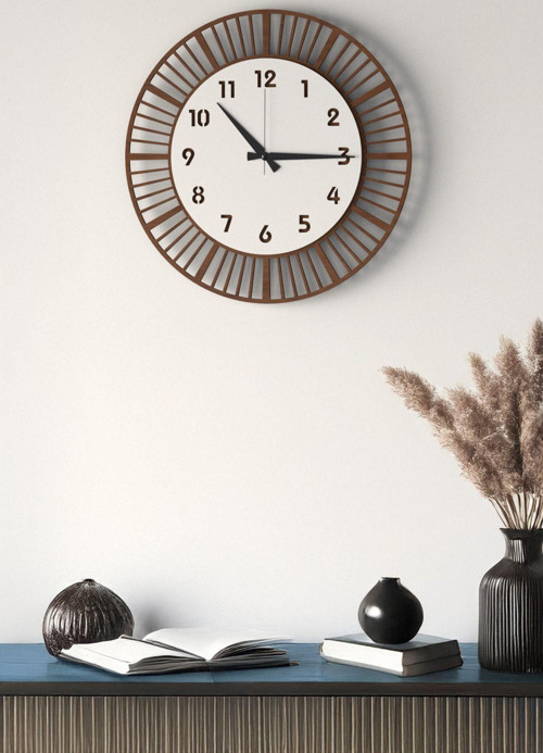 Dekoratif Yeni Modern Homam Ahşap Duvar Saati 48 cm - 2 Adet Vazolu Tablo Hediye