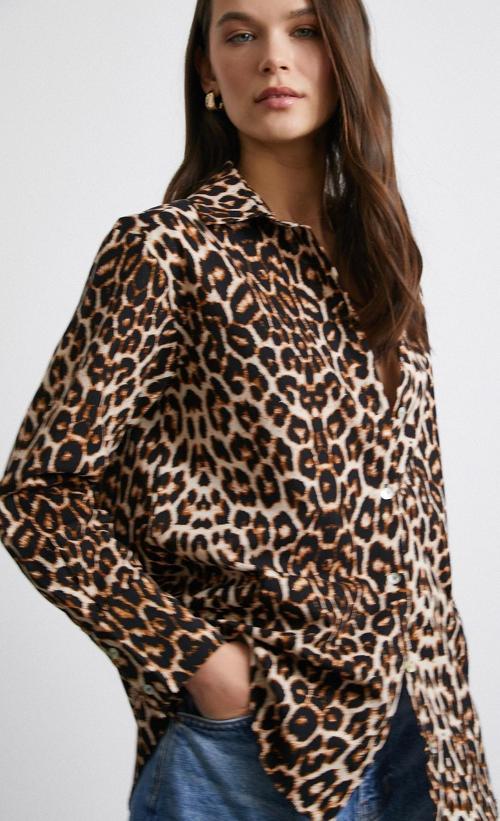 Leopar Desenli Poplin Gömlek Bej