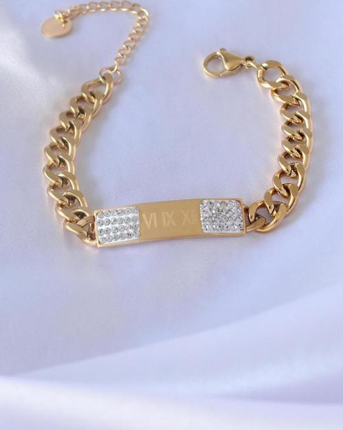 316L Çelik Gold Renk Zincir Model İşleme Detay Zirkon Taşlı Kadın Bileklik