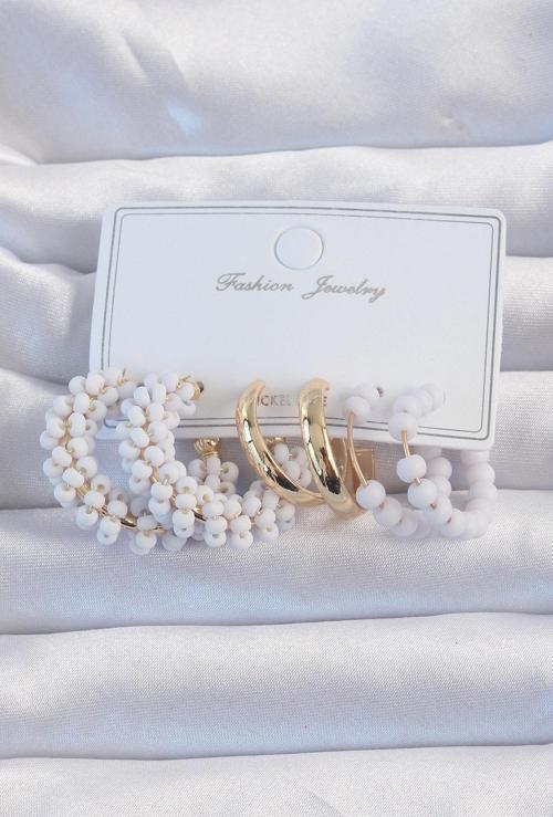 Gold Renk Lila Boncuklu Halka Küpe Seti