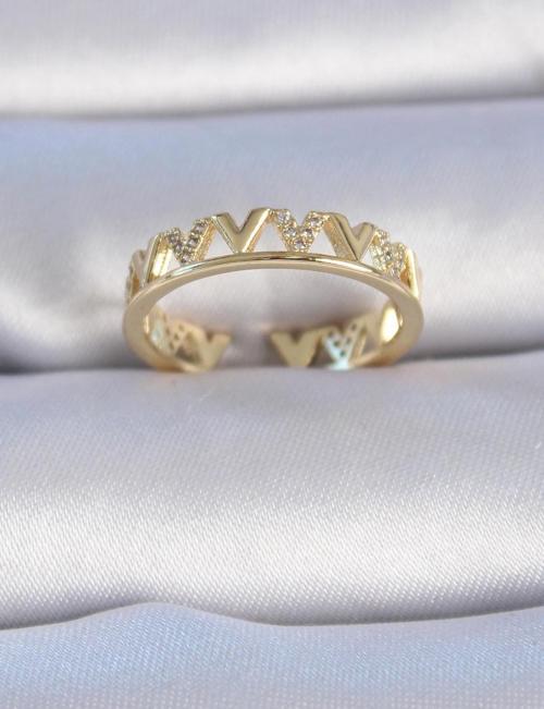 Pirinç Gold Renk Zirkon Taşlı "V" Model Kadın Yüzük