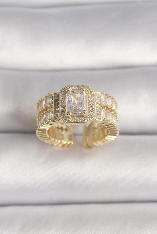 Pirinç Gold Renk Ayarlanabilir Baget Zirkon Taş Model Kadın Yüzük