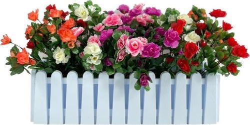 Yapay Çiçek Beyaz Çit Balkon Saksısı Renkli Açelya Çiçekli 55*20cm