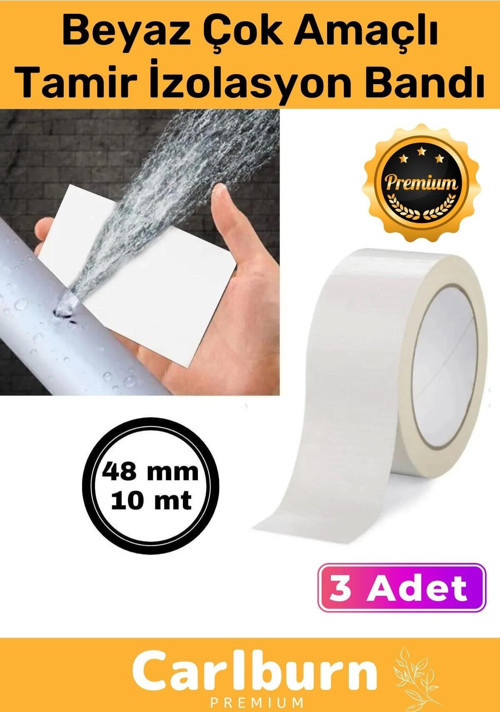 Süper Güçlü Su Geçirmez Sızdırmaz Beyaz Renk Çok Amaçlı Tamir İzolasyon Bandı 48mm x 10m 3 Adet